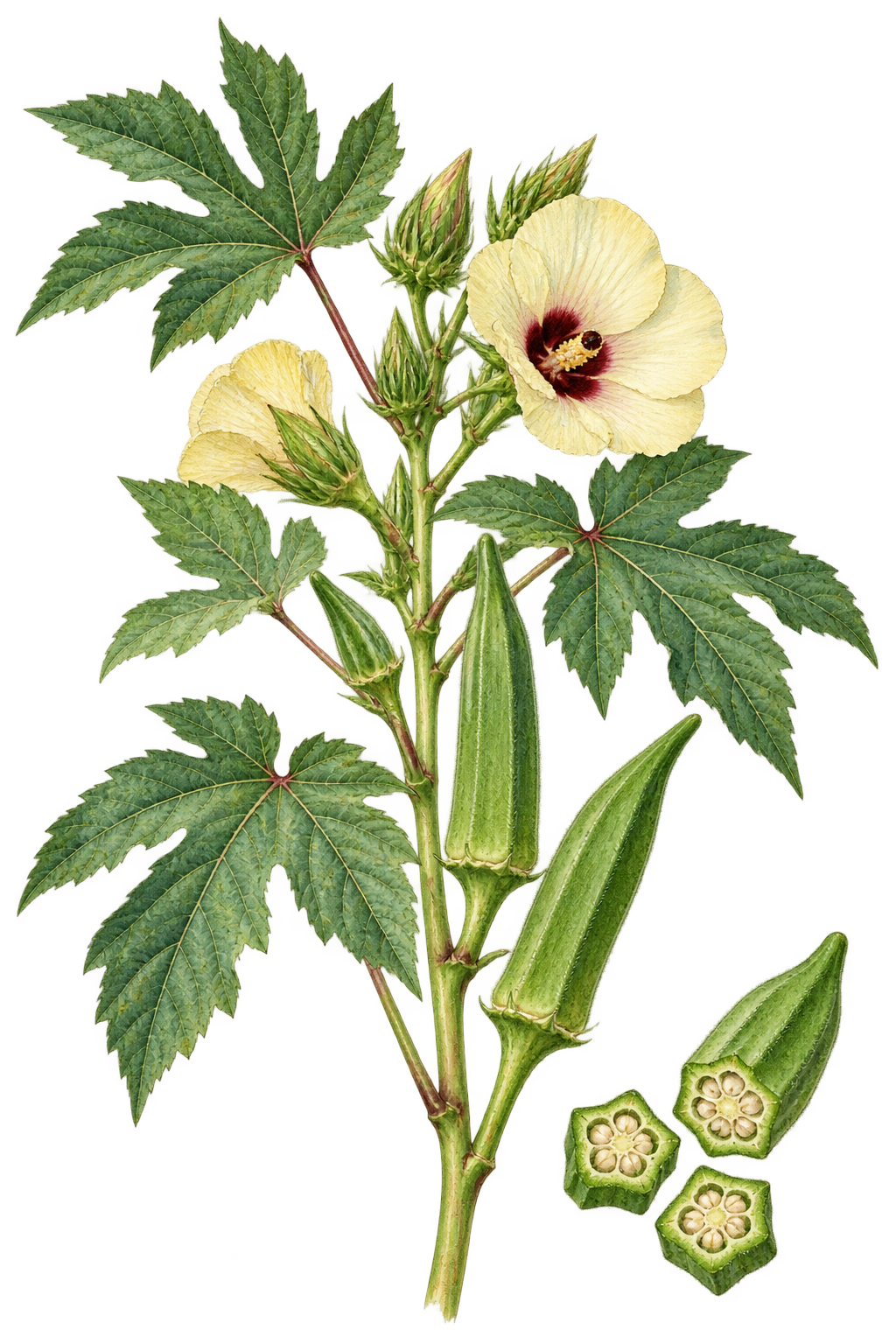 botanical illustration of Okra, Abelmoschus esculentus