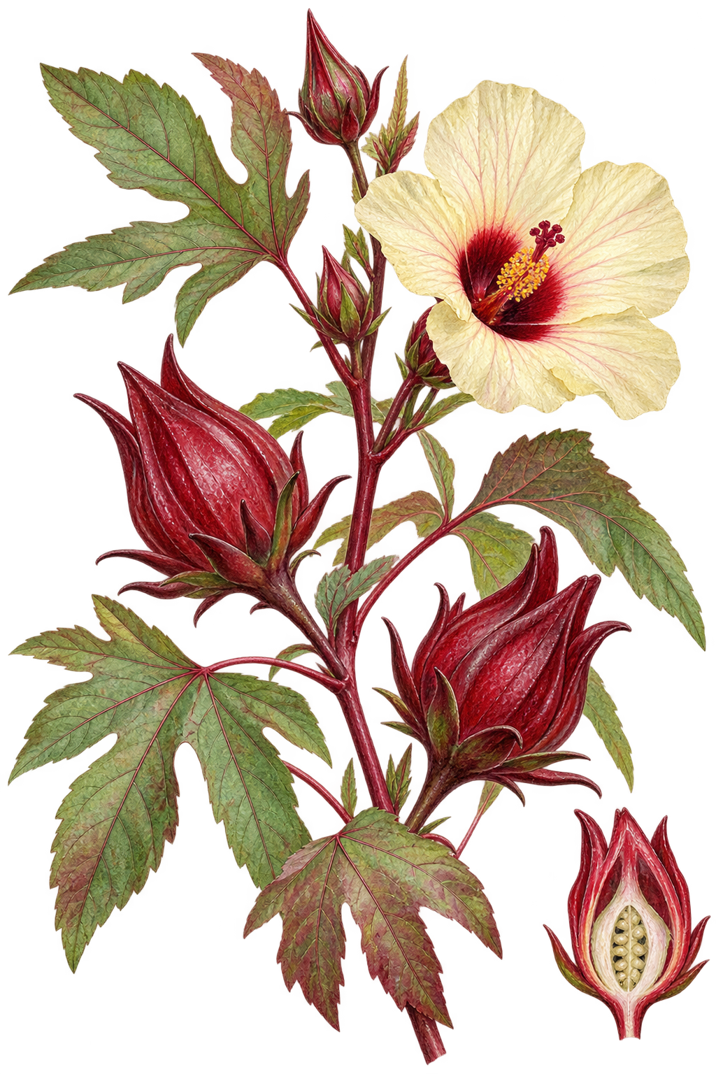 botanical illustration of Roselle, Hibiscus sabdariffa
