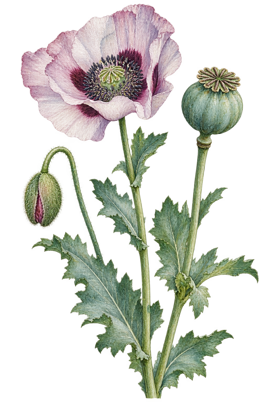 botanical illustration of Opium Poppy, Papaver somniferum