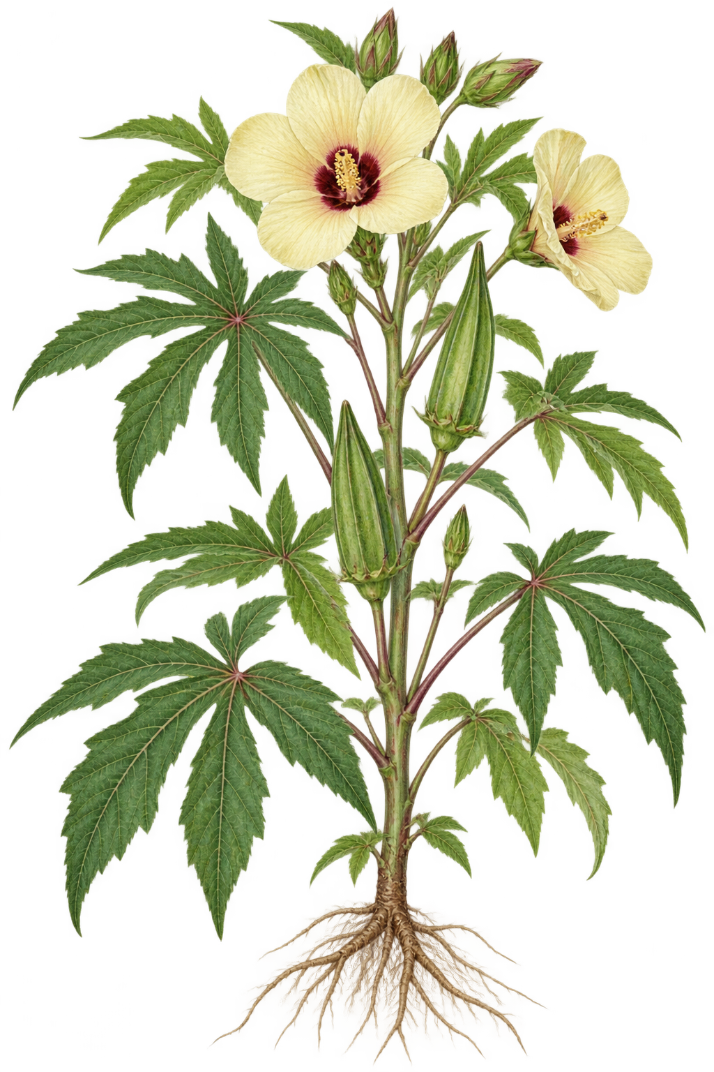 botanical illustration of Manioc Hibiscus, Abelmoschus manihot