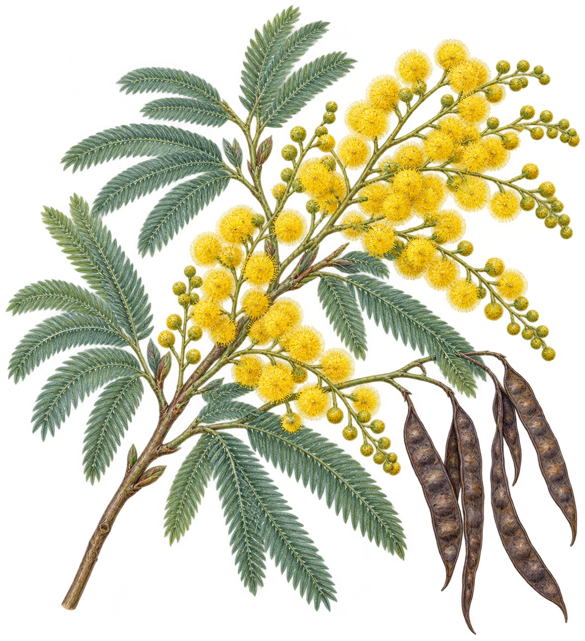 botanical illustration of Green Wattle, Acacia decurrens