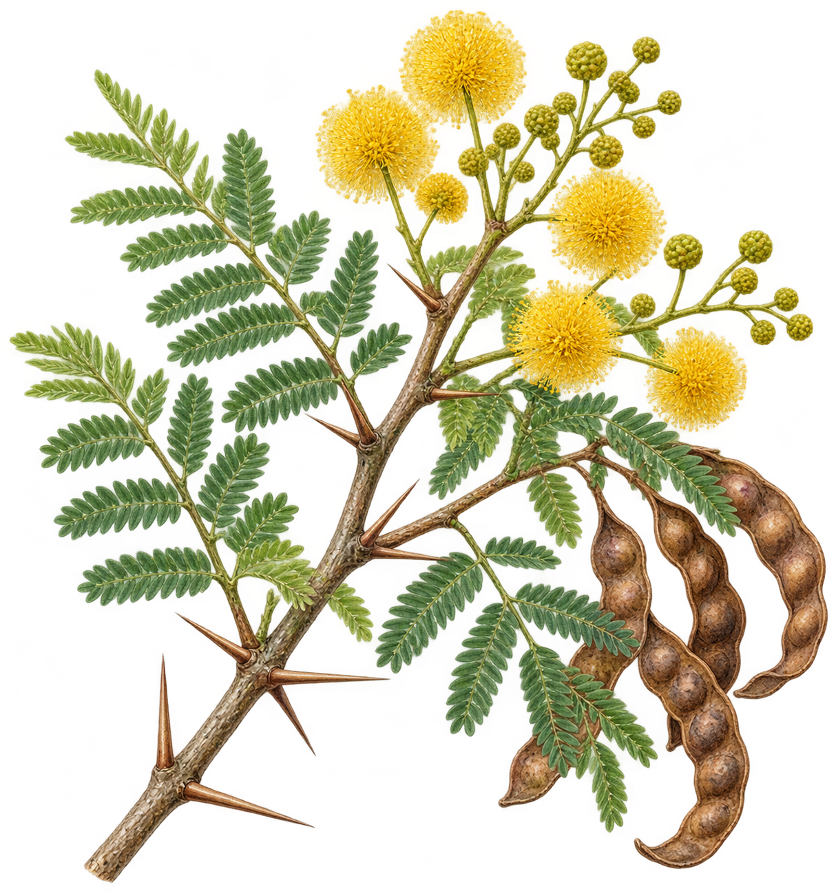 botanical illustration of Cassie, Acacia farnesiana