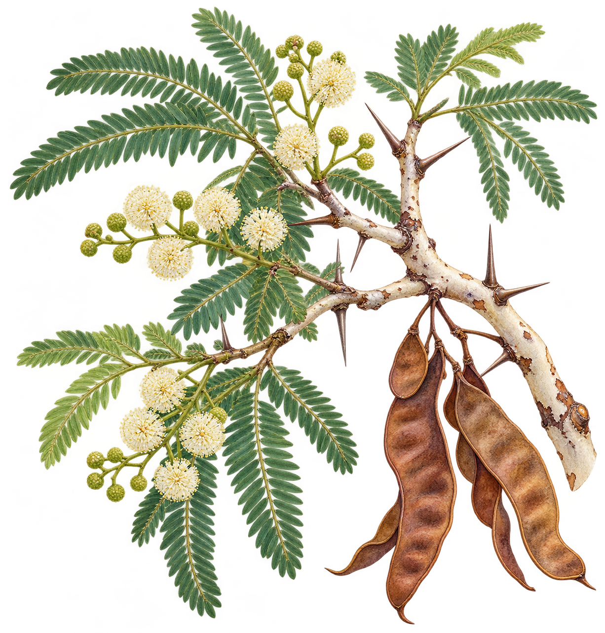 botanical illustration of Pilang Bast, Acacia leucophloea