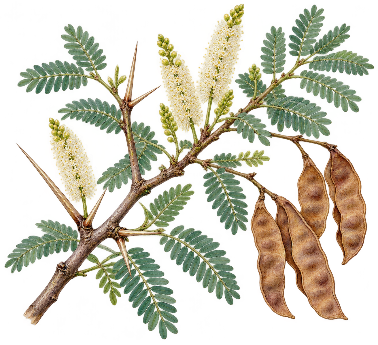 botanical illustration of Gum Arabic, Acacia senegal