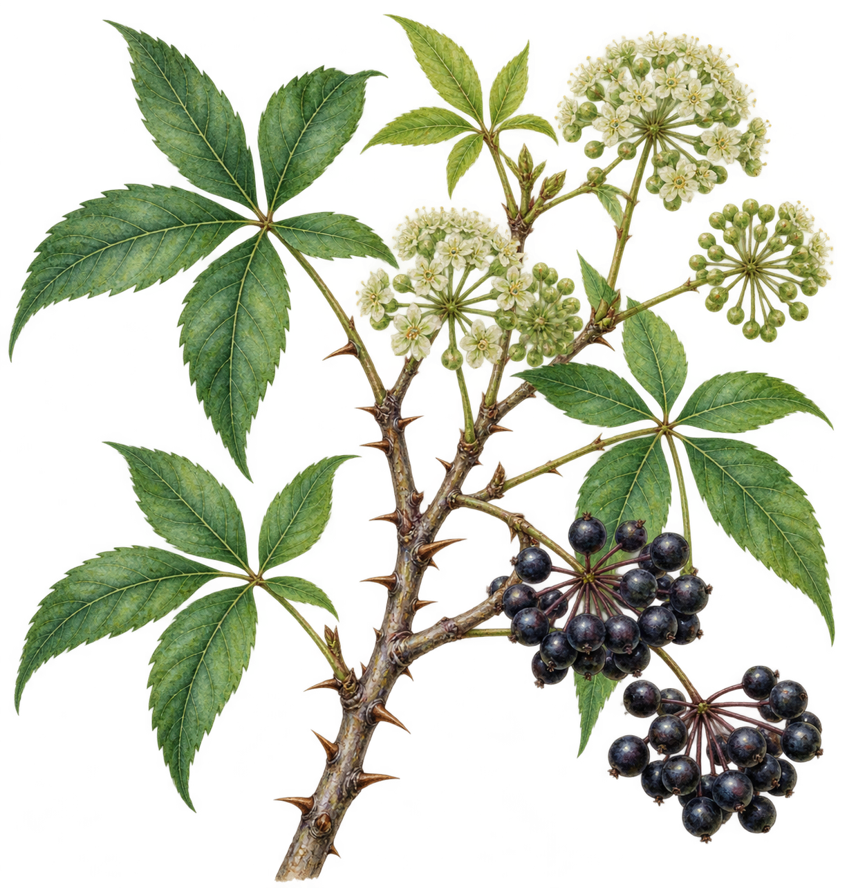 botanical illustration of Wu Chia Pi, Acanthopanax gracilistylis