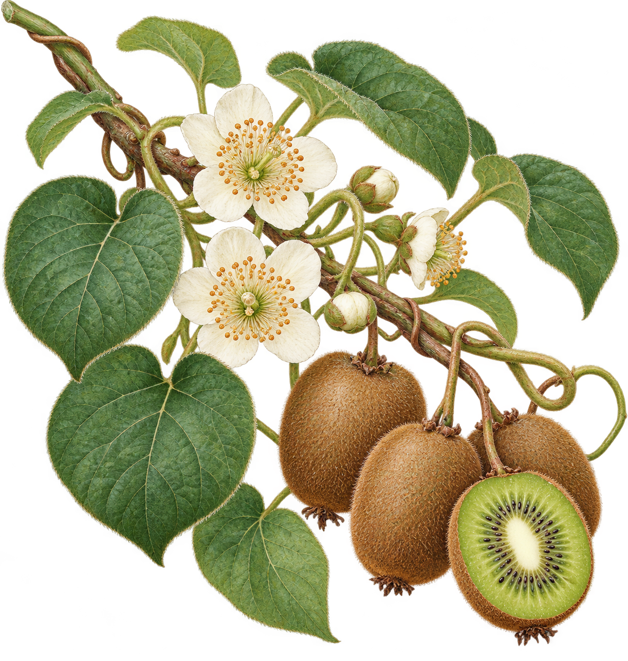 botanical illustration of Kiwi, Actinidia chinensis