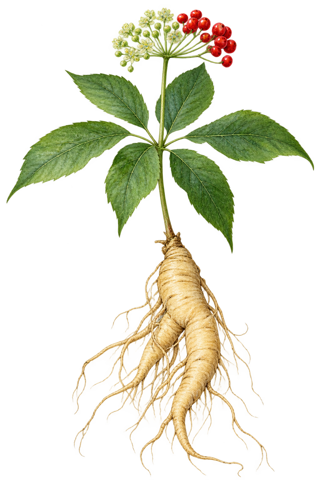 botanical illustration of Chinese Ginseng, Panax ginseng